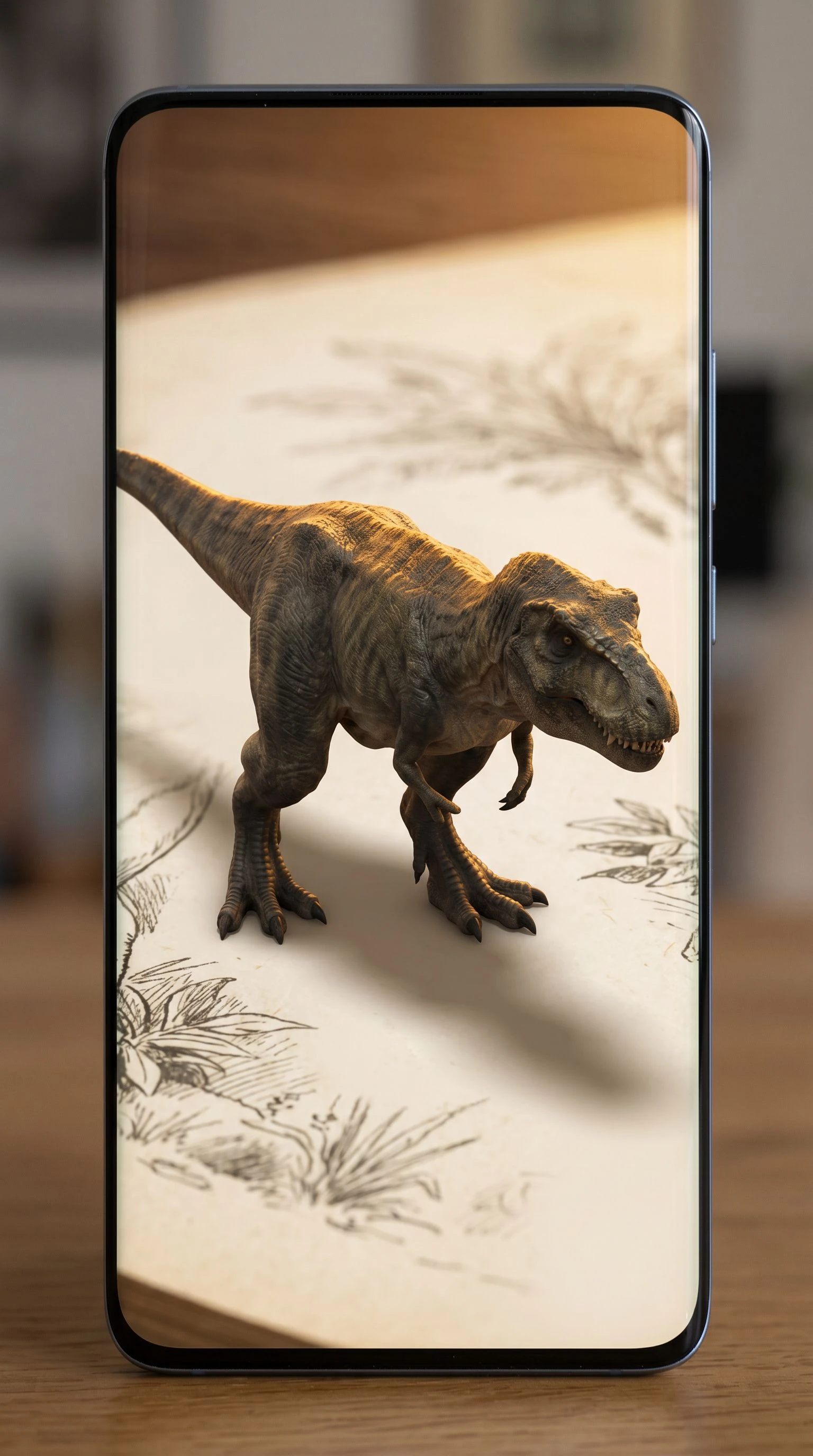 A smartphone screen shows a photorealistic 3D Tyrannosaurus rex standing over an open encyclopedia page in augmented reality; the creature is sharply rendered with warm amber sidelight, the illustrated page visible beneath it