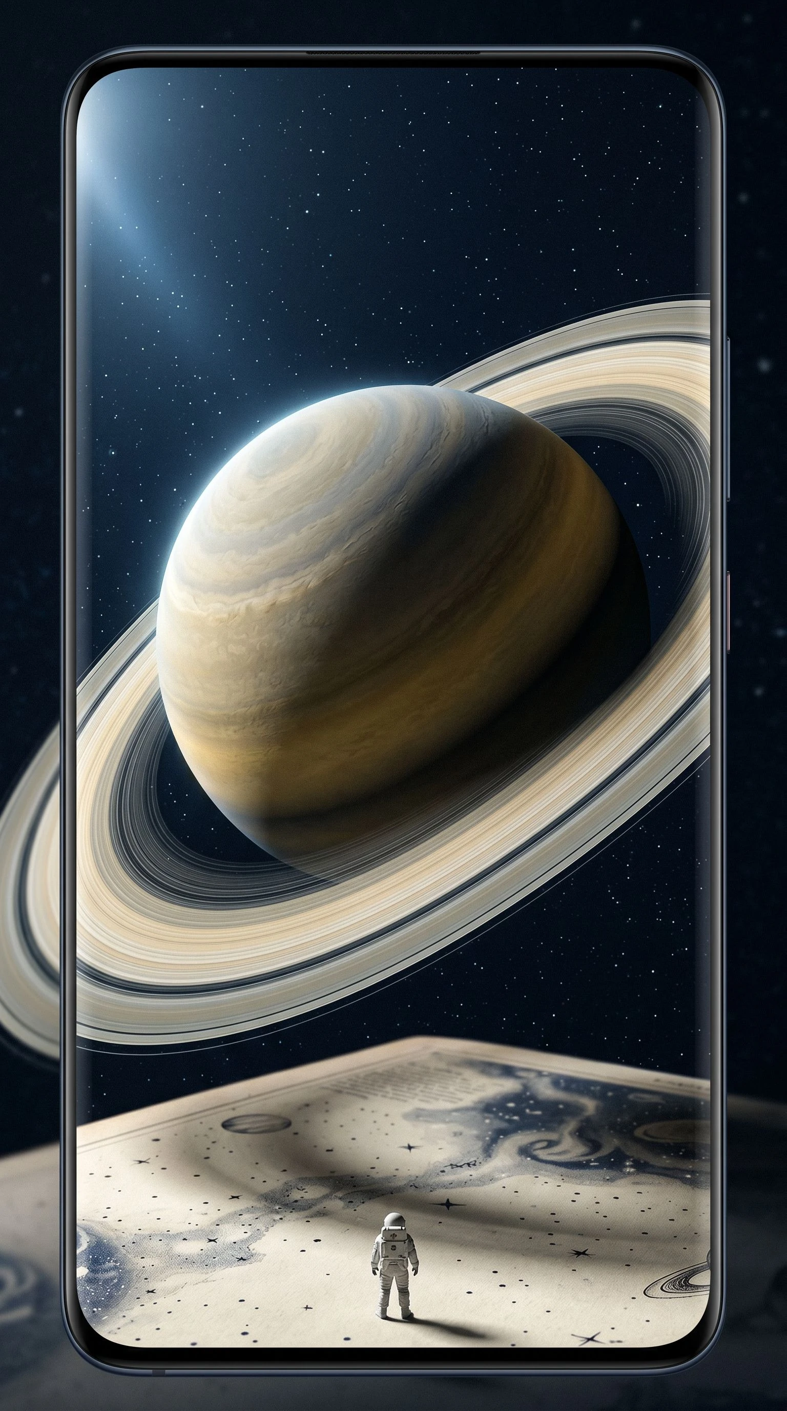 A smartphone screen shows a photorealistic 3D planet with rings hovering above an open space encyclopedia page in augmented reality; the planet glows with a cold blue-white light against the warm cream page below