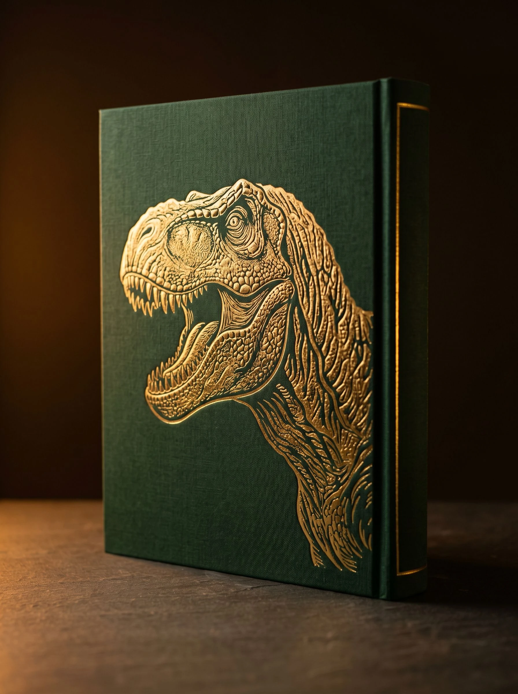 The Neobook Dinosaur Encyclopedia hardcover stands at a confident angle on a dark slate surface; dramatic raking sidelight reveals embossed cover illustration and gold foil spine detail; deep shadows give the book the weight of a natural-history archive specimen