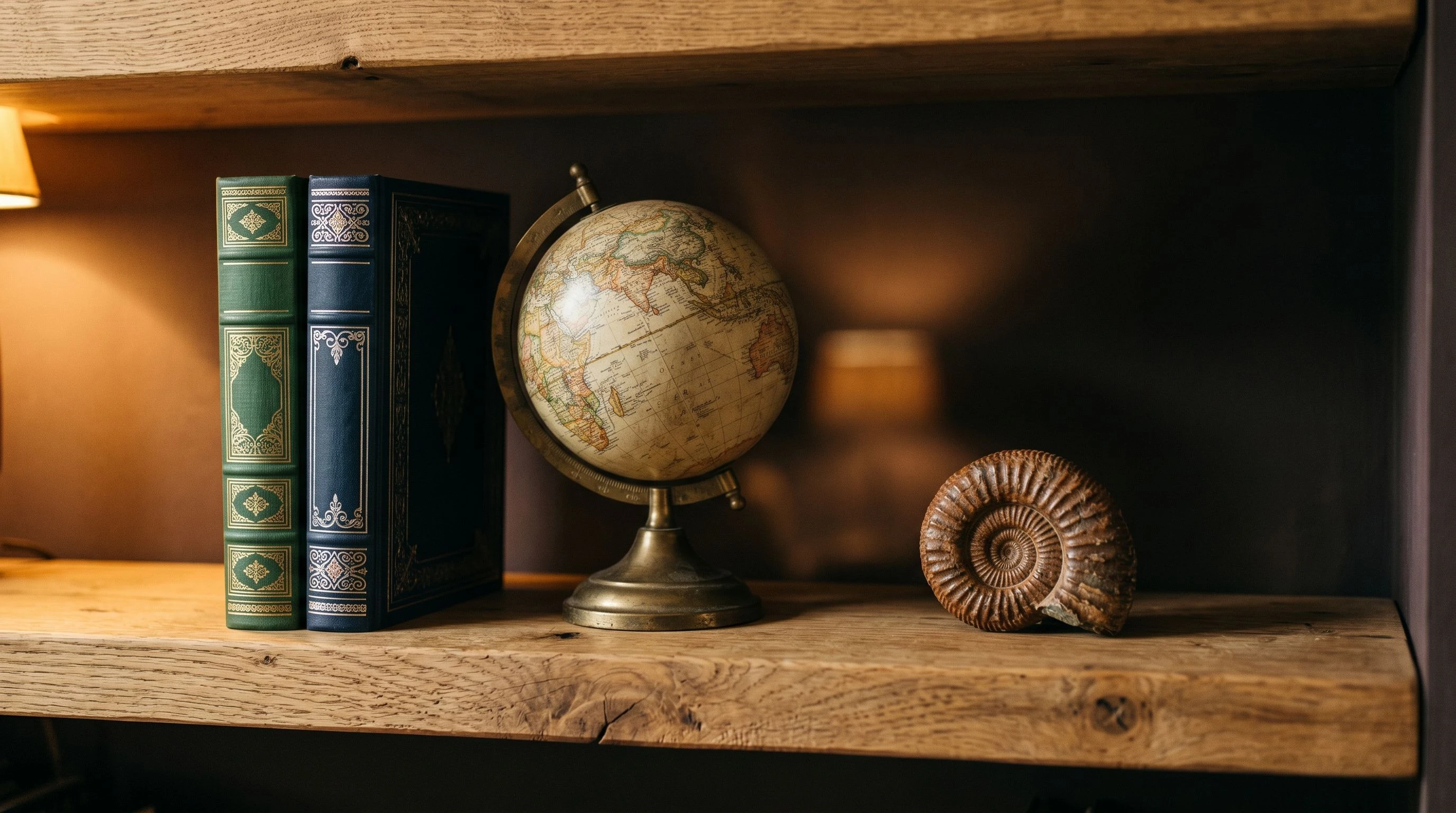 Two Neobook hardcovers stand spine-out on a warm wooden shelf next to a small vintage globe and a fossilised ammonite; warm amber lamp light falls across the shelf from the left; the composition reads as a curated archive display