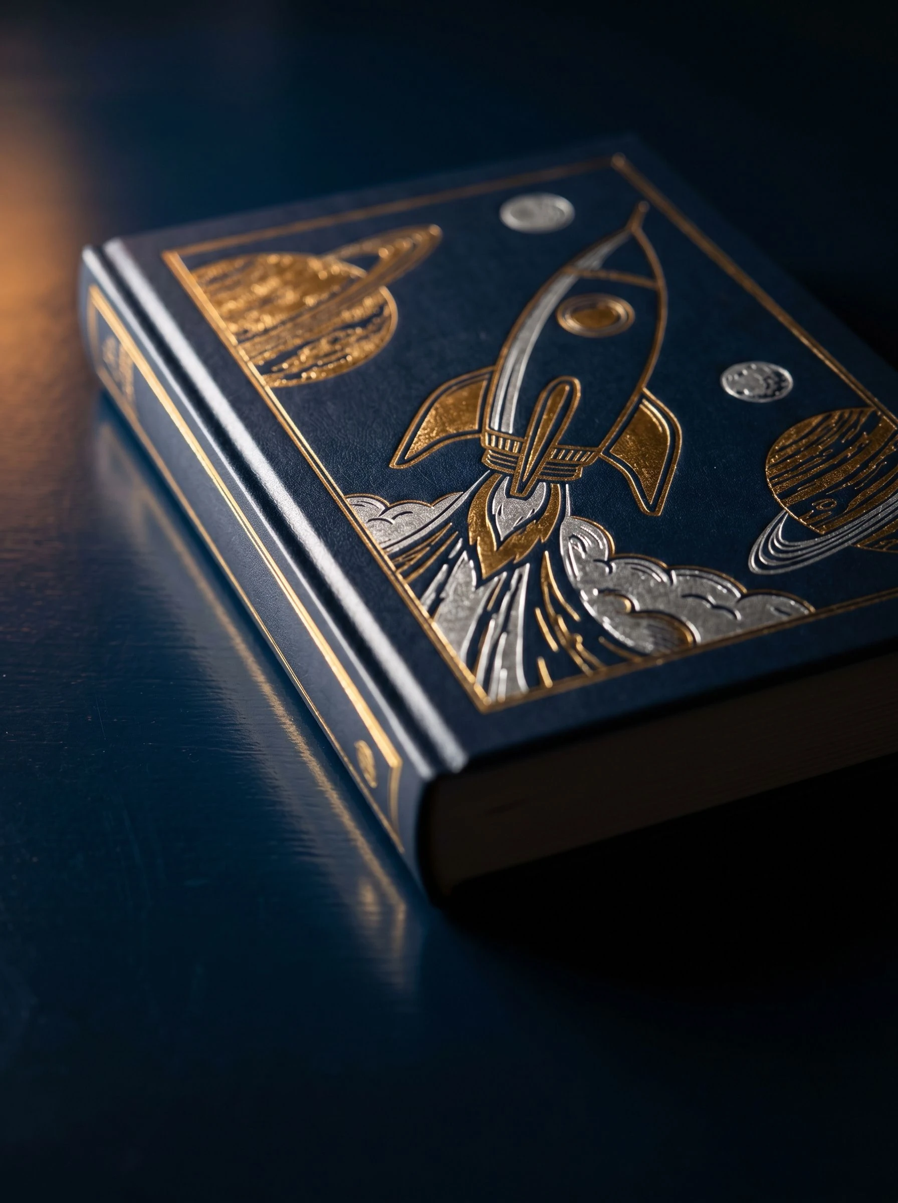 The Neobook Space Explorer hardcover stands at a confident angle on a deep navy lacquered surface; warm raking sidelight catches embossed cover detail and gold foil star-field illustration; the book reads as a beautiful object before a single page is opened