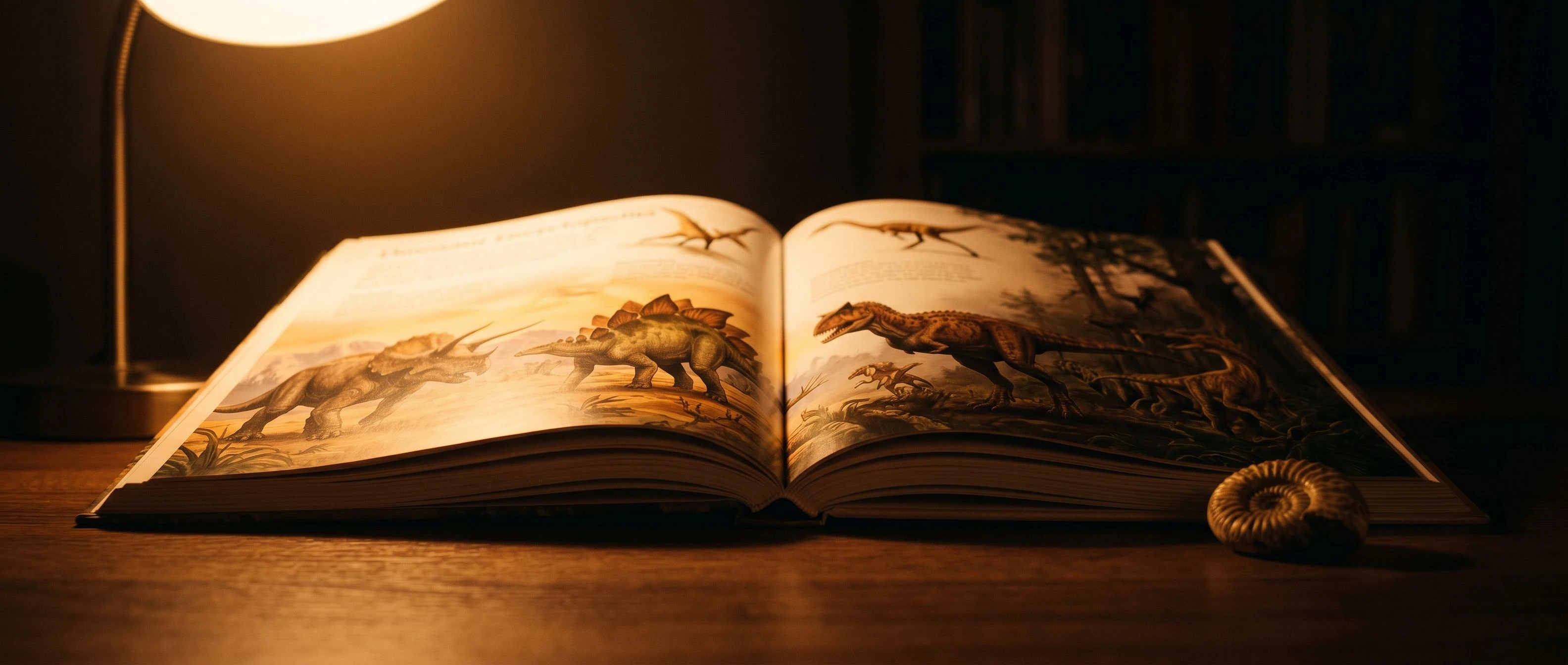 The Neobook Dinosaur Encyclopedia lies open on a warm wooden surface, its illustrated pages glowing in soft evening lamp light; a small fossilised ammonite rests beside it; no phone, no screen; the book is beautiful enough on its own