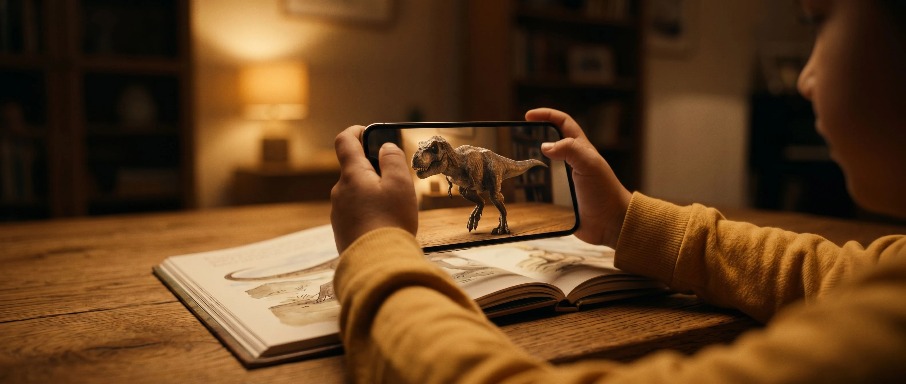 A child's forearms and hands hold a smartphone over a large open hardcover encyclopedia on a worn oak table; through the phone screen a photorealistic Tyrannosaurus rex strides across the table surface toward the viewer, casting a soft amber-lit shadow; afternoon window light pools across the open pages