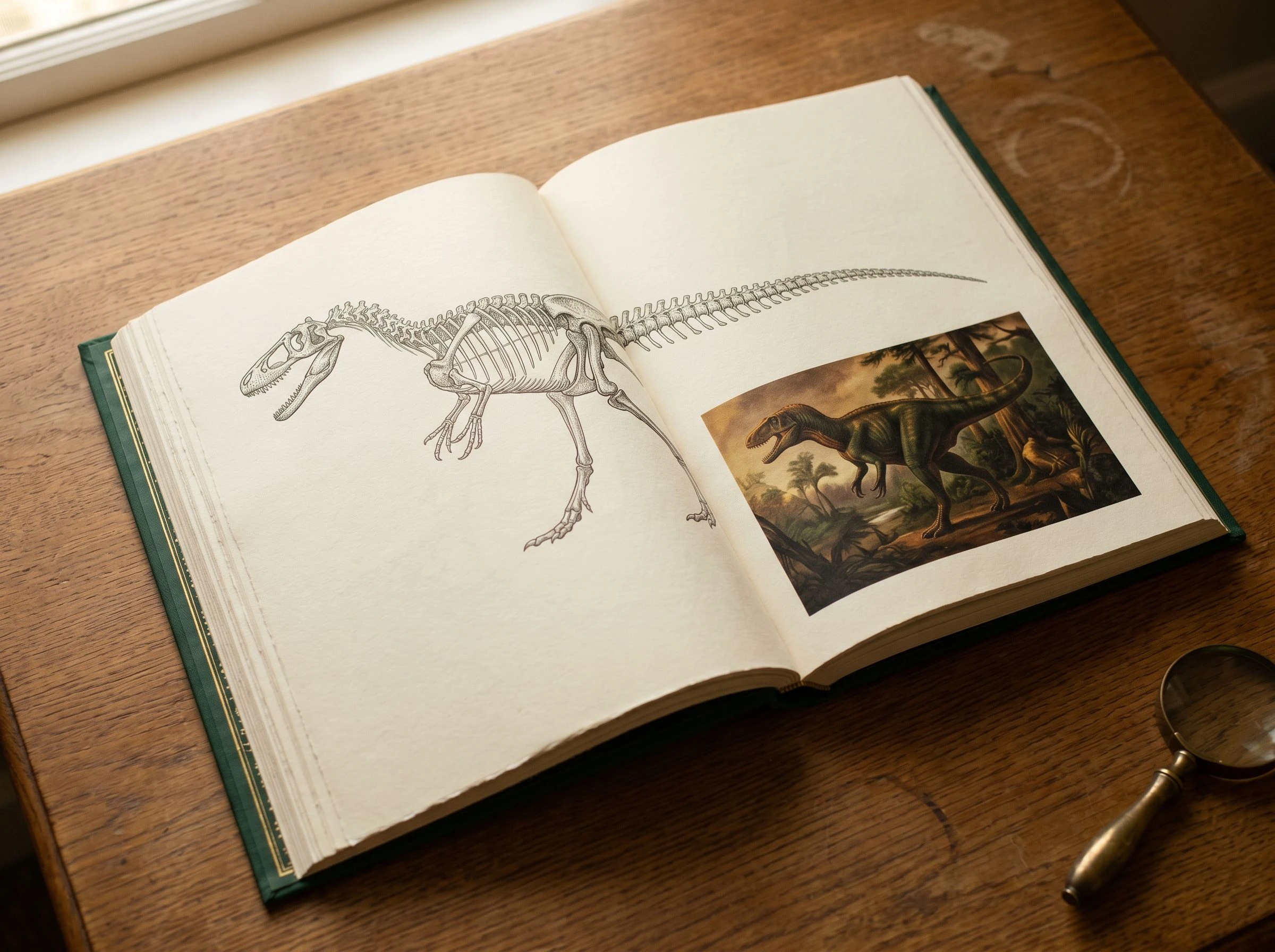 A large hardcover children's encyclopedia lies open on a warm oak table; the illustrated double-page spread shows detailed dinosaur illustrations with visible paper grain and ink quality; warm natural window light rakes across the pages revealing texture
