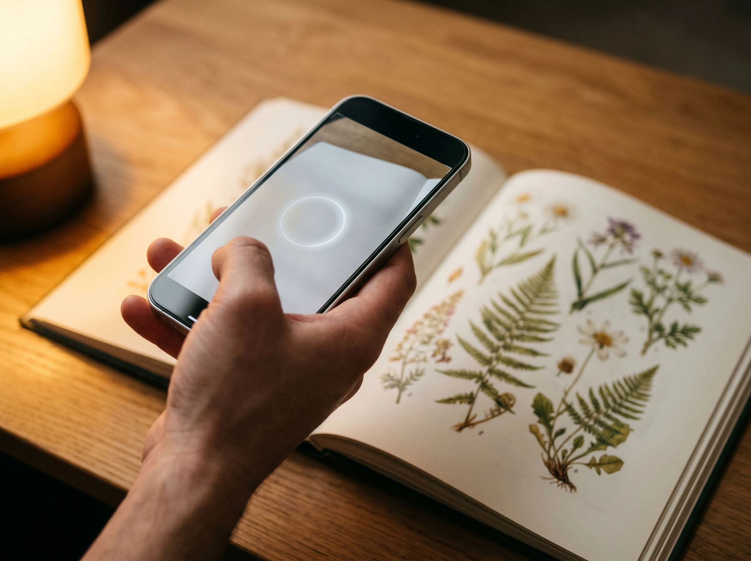 A hand holds a smartphone over an open illustrated encyclopedia; the phone screen shows a camera viewfinder framing the pages below, no digital overlay yet; a quiet moment before the experience begins; warm amber light falls across both book and hand