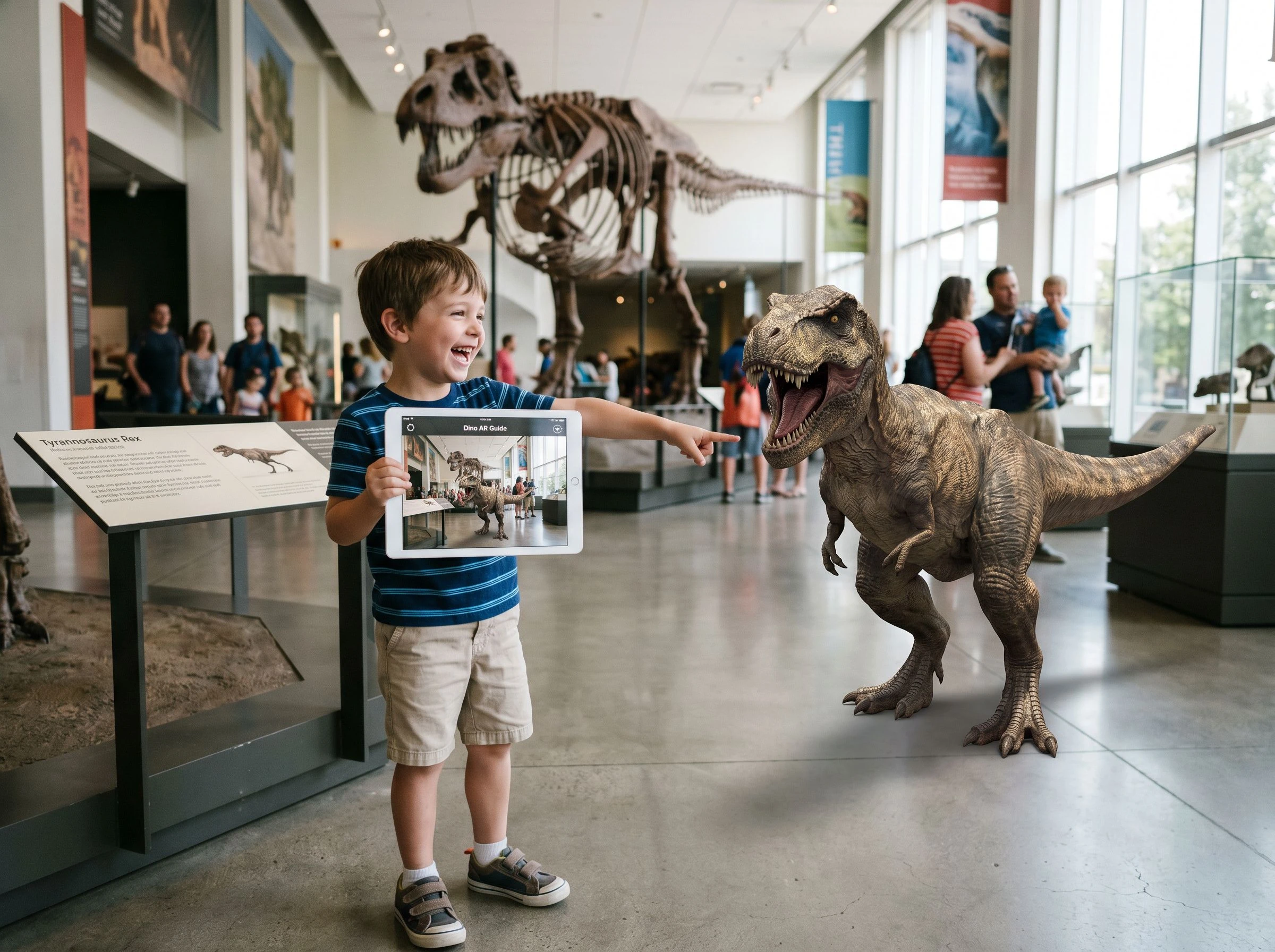 A smartphone screen is filled with a photorealistic 3D diplodocus appearing to rise from the illustrated encyclopedia page beneath; the creature's long neck curves upward out of frame; a child's fingers are visible at the lower edge steadying the phone; warm amber glow surrounds the scene