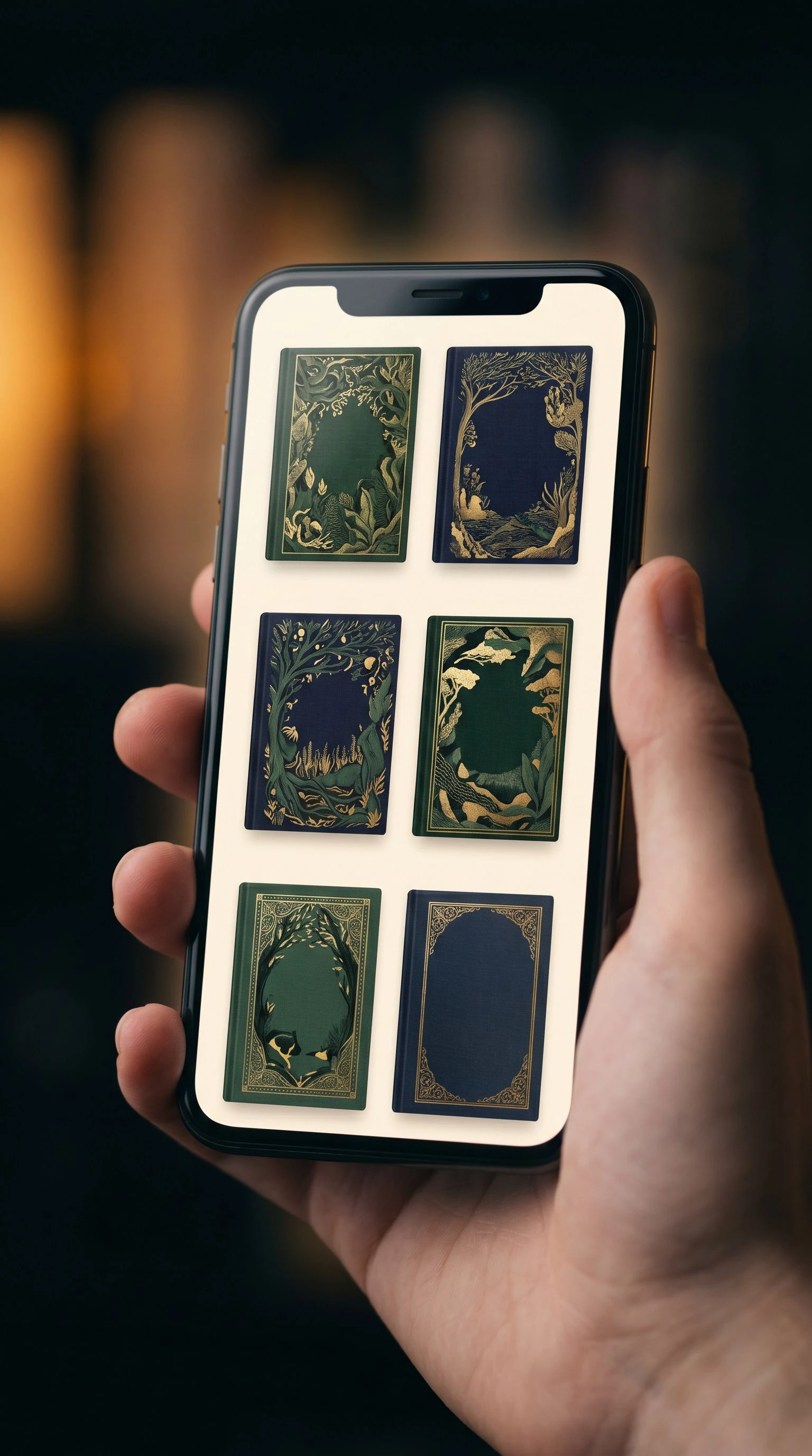 A smartphone screen displays a digital library grid showing multiple children's encyclopedia book covers accessible in one place; the screen glows warmly against the dark shelf background behind it