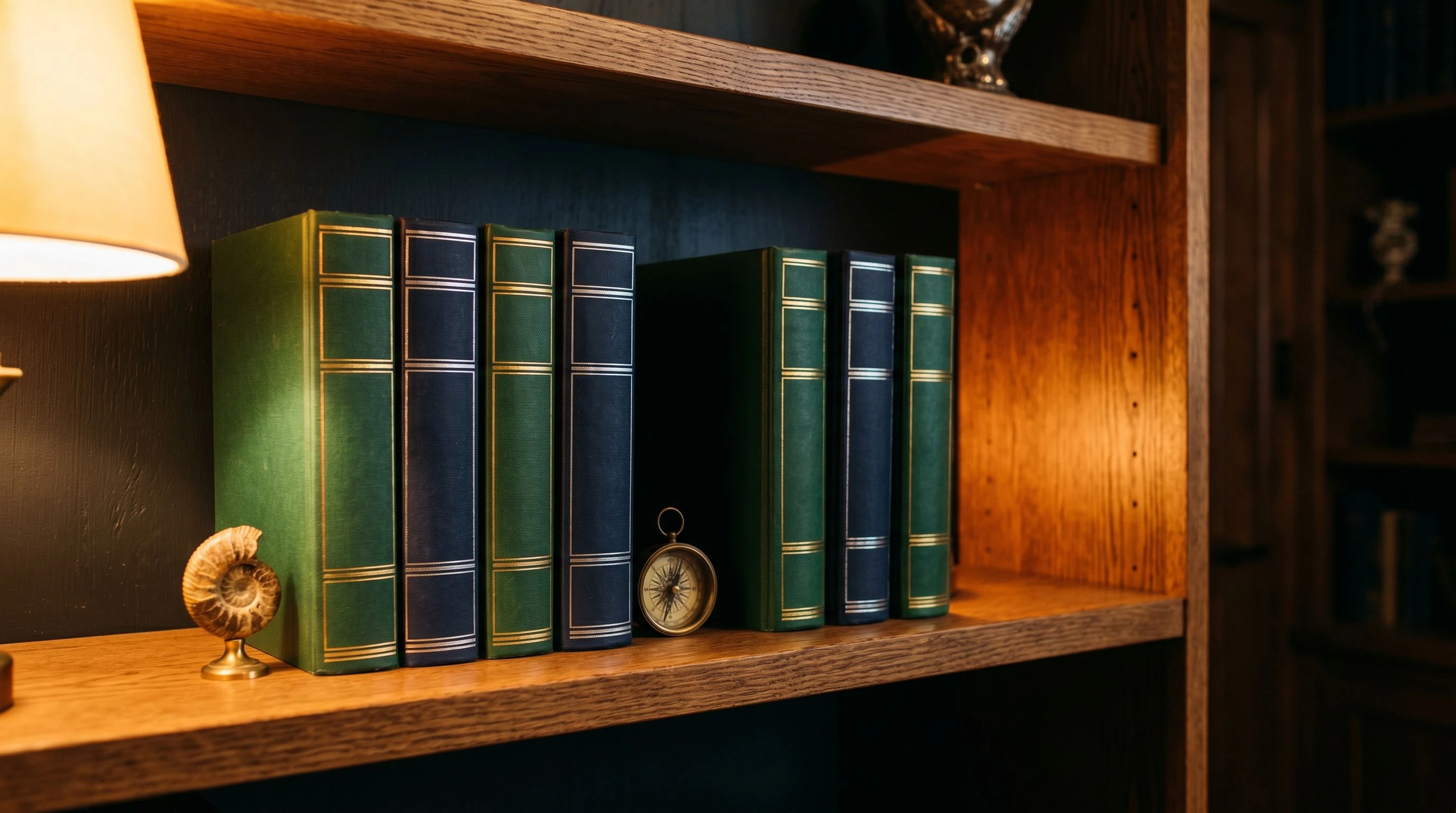 A warm wooden bookshelf holds a growing row of Neobook hardcover spines in deep green and navy, with a deliberate gap at the far right suggesting the collection is still expanding; amber incandescent lamp light glows from the left