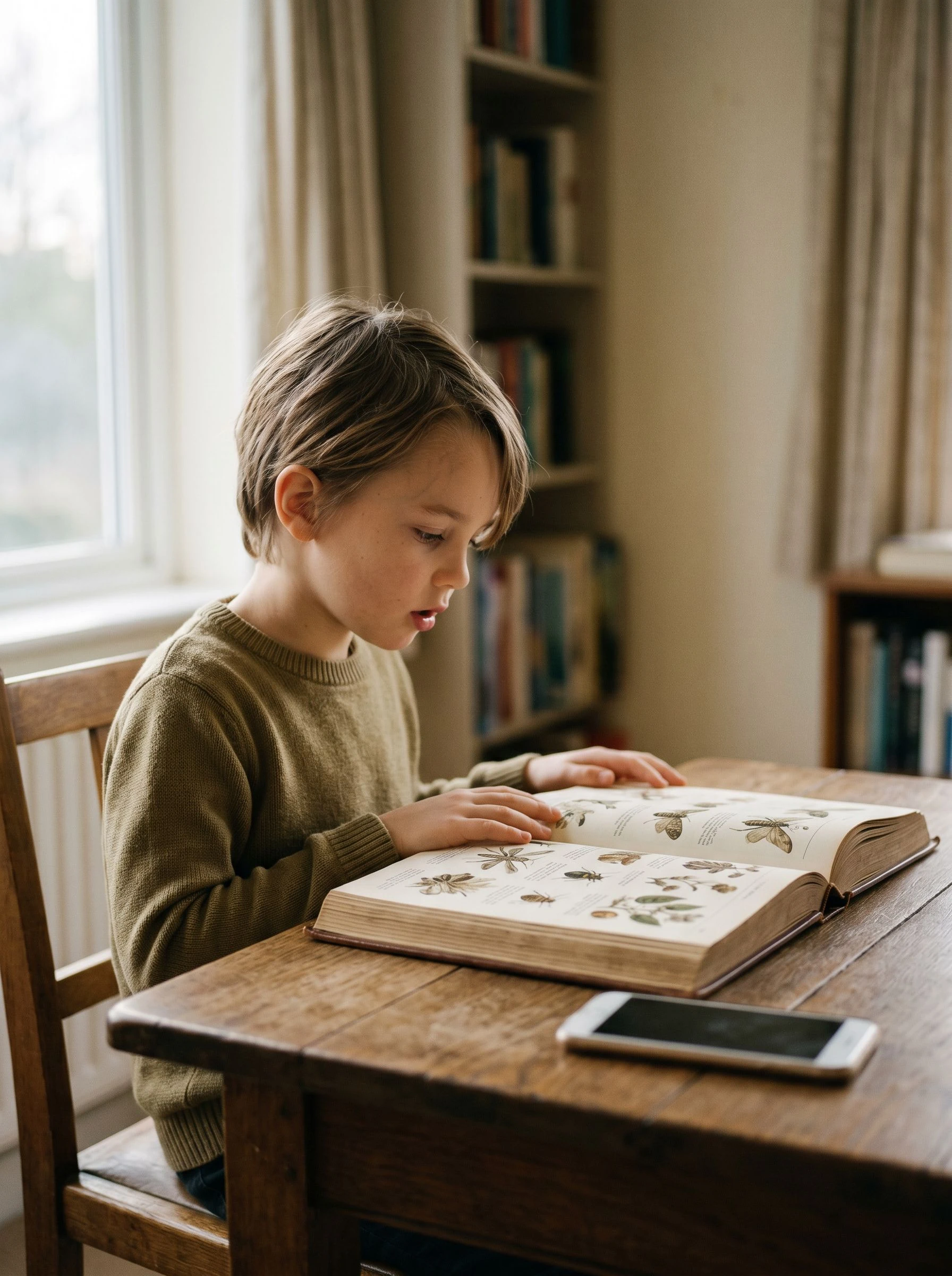 A child sits alone at a table completely absorbed in reading an open hardcover encyclopedia; a smartphone rests beside the book untouched; soft natural window light falls across the child's face and the open pages; the atmosphere is one of genuine concentration